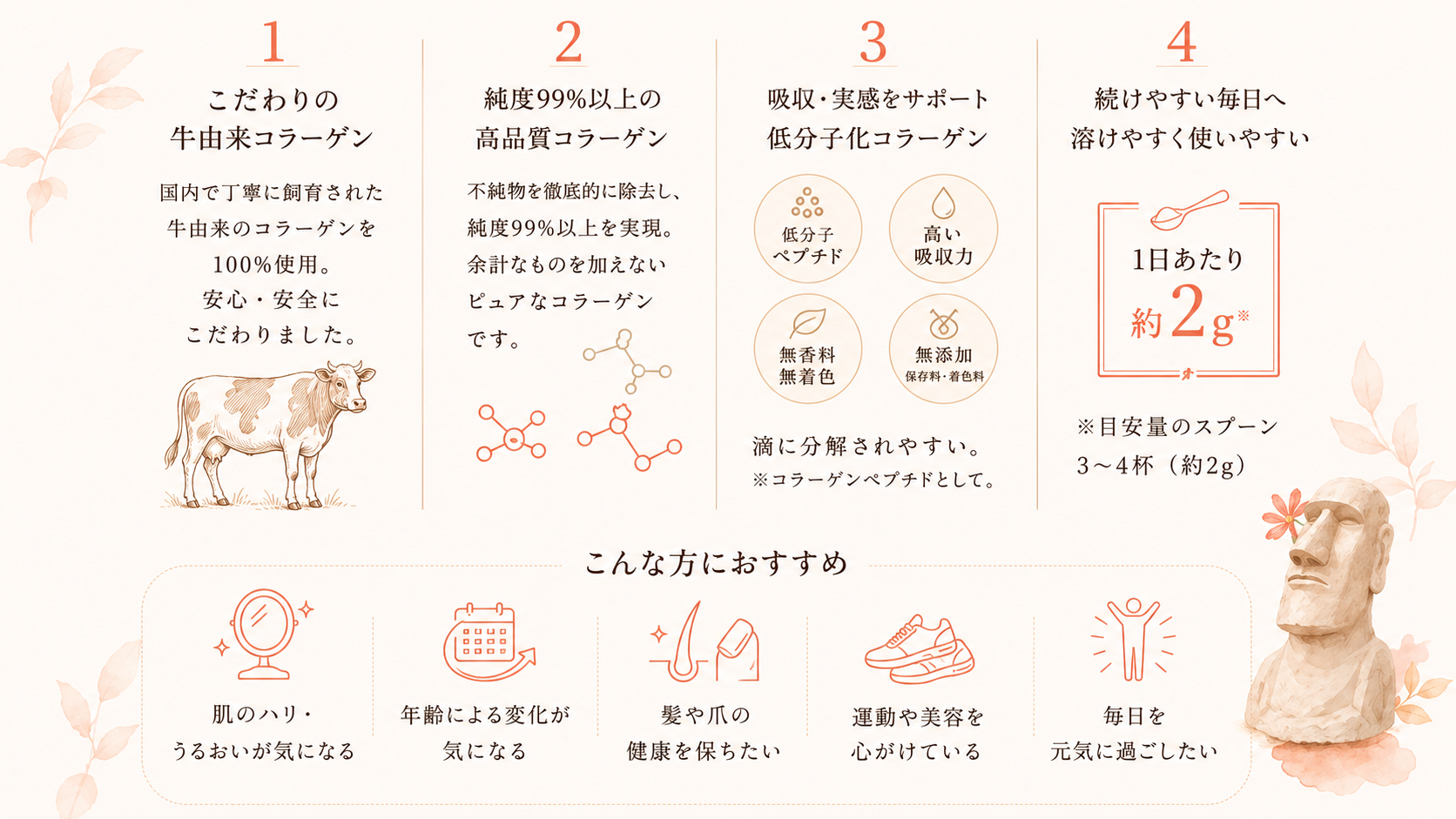 こだわりの牛由来コラーゲン、純度99%以上の高品質、低分子型で吸収をサポート、1日あたり約2gで続けやすい。こんな方におすすめ。